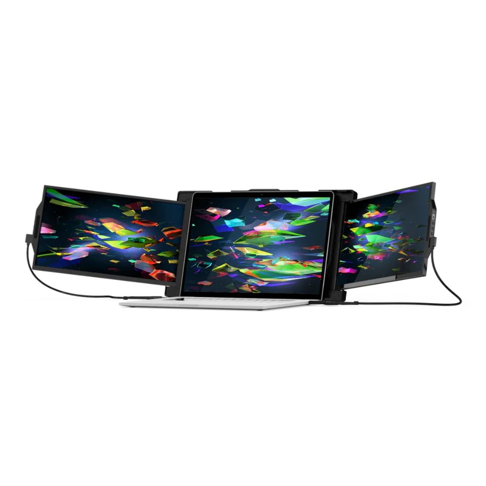 Monitor portátil Trio Max de Mobile Pixels con triple pantalla de 14.1 pulgadas acoplada a un notebook. Solución ideal para productividad extrema, multitarea profesional y configuración de trabajo en movimiento. Compatible con Windows, MacOS, Nintendo Switch y Samsung Dex.