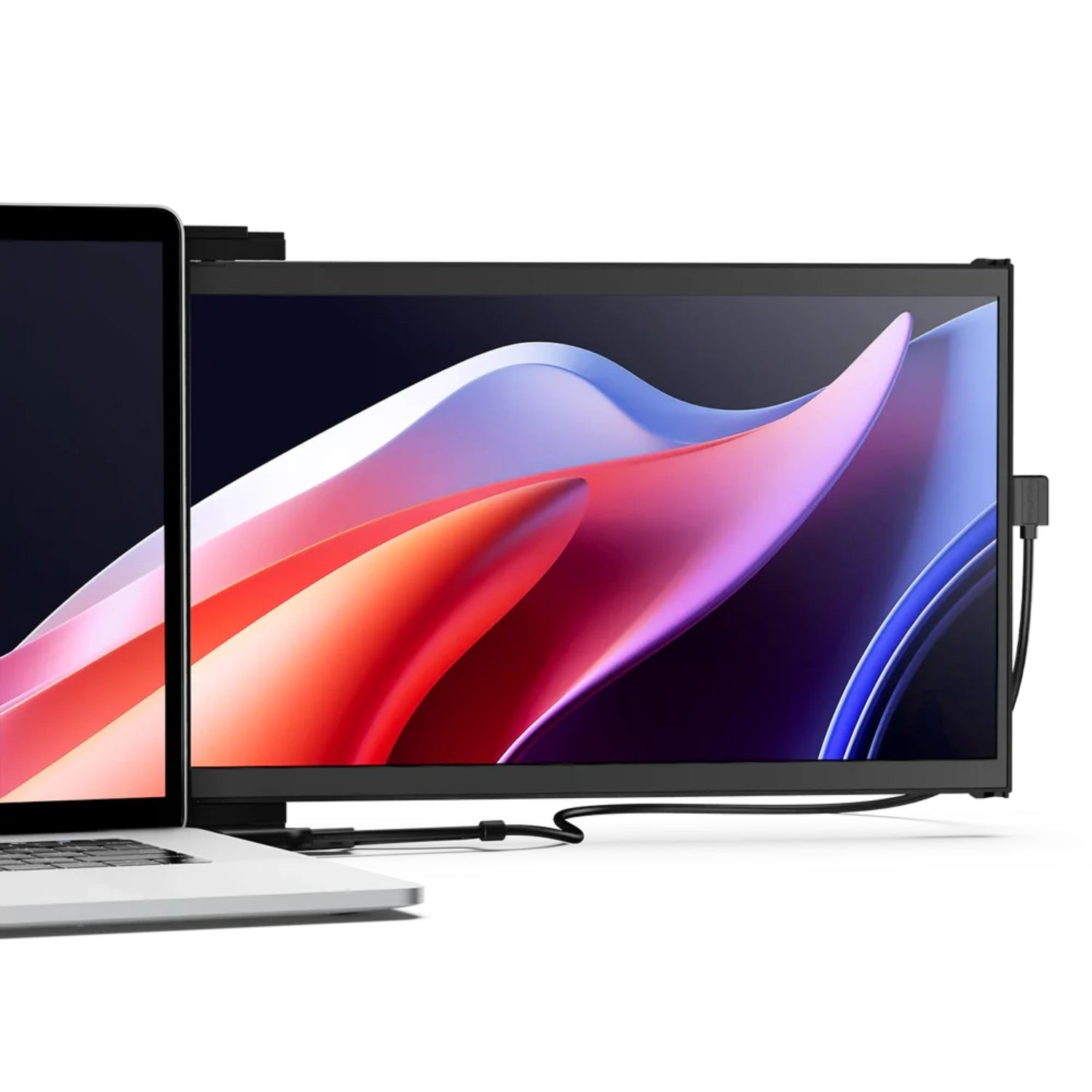 Monitor portátil Duex Max de Mobile Pixels acoplado a un notebook. Pantalla secundaria de 14.1 pulgadas deslizable, ultraligera (770 g), ideal para productividad, multitarea y trabajo remoto. Compatible con Windows, MacOS, Nintendo Switch y Samsung Dex.