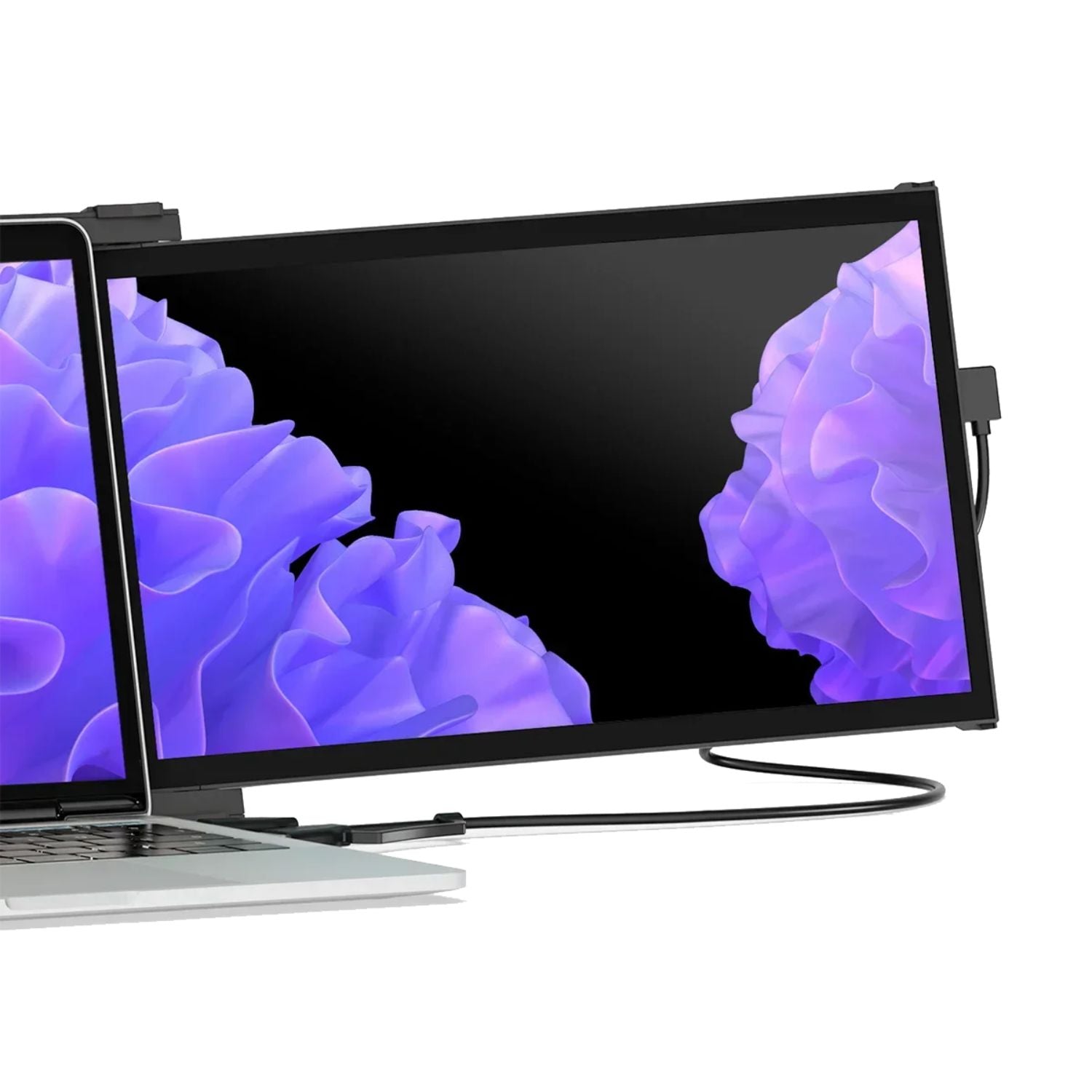 Monitor portátil Duex Plus de Mobile Pixels conectado a un notebook. Pantalla secundaria de 13.3 pulgadas, ultradelgada y liviana (590 gramos), ideal para aumentar productividad, realizar multitarea y trabajar desde cualquier lugar. Compatible con Windows, MacOS, Nintendo Switch y Samsung Dex.