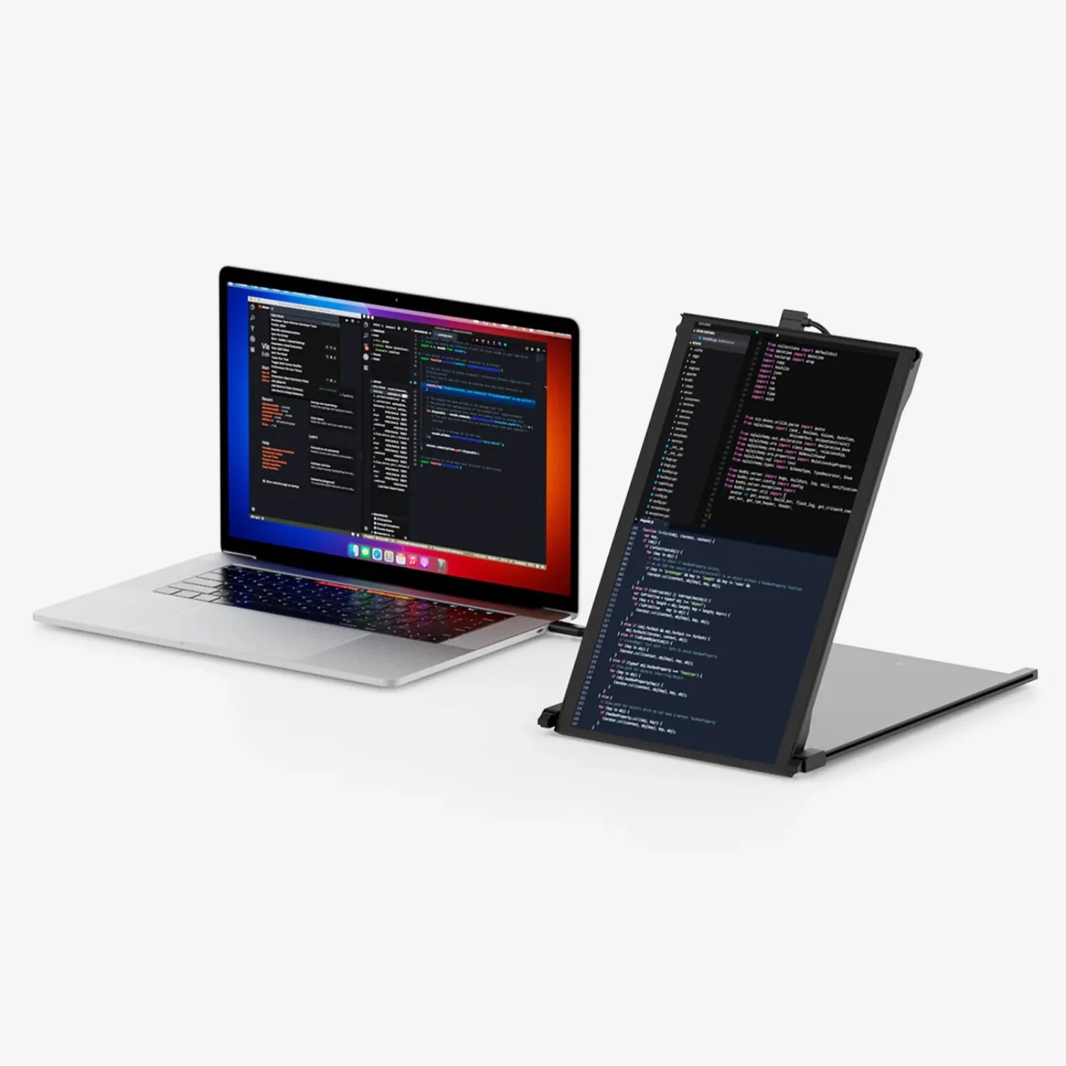 Monitor portátil Mobile Pixels Duex Max en formato vertical; modo retrato ideal para lectura de documentos, programación, redes sociales y multitareas con pantalla extendida en laptops.