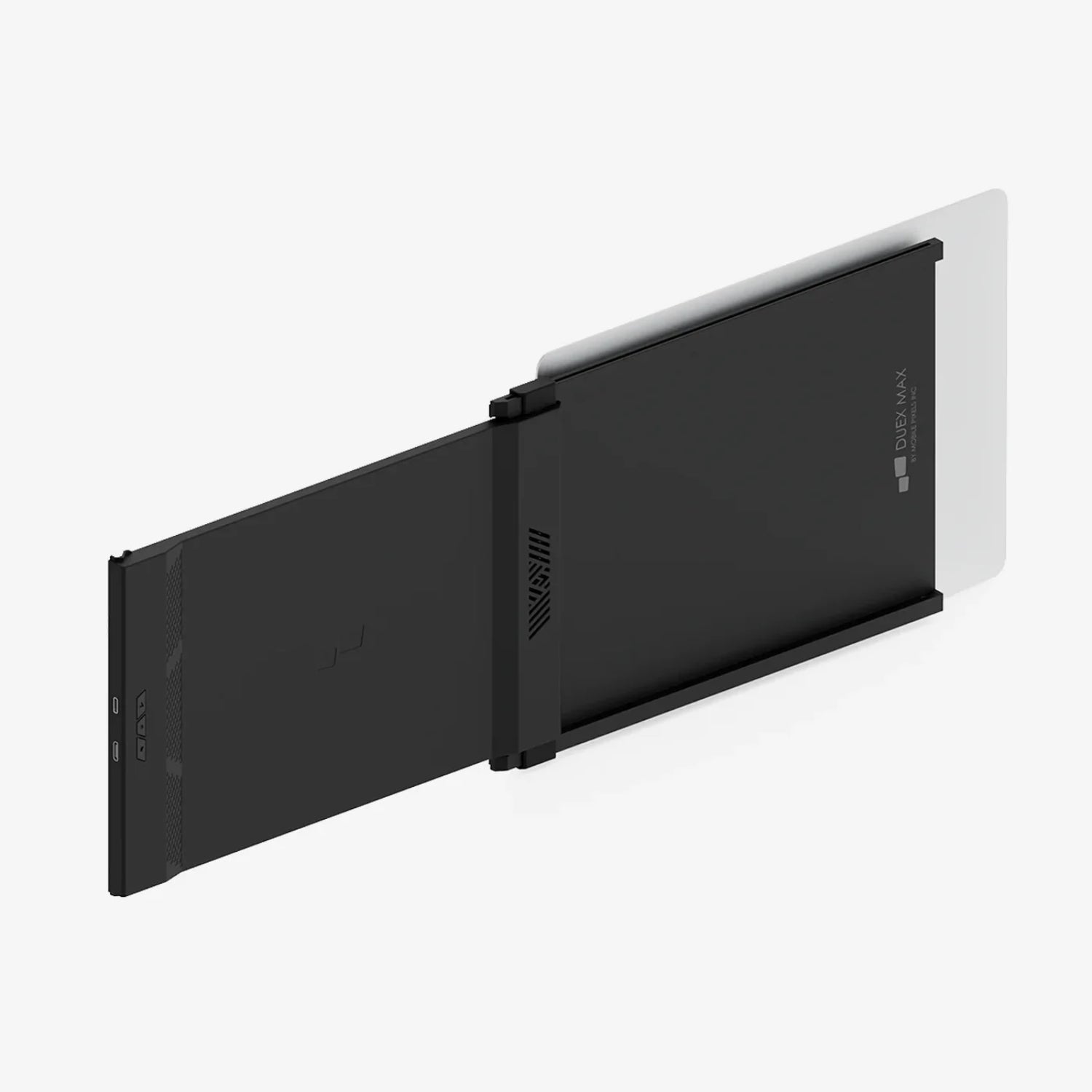 Vista trasera del monitor portátil Mobile Pixels Duex Max extendido y acoplado a laptop; diseño robusto y elegante con sistema magnético deslizante, ideal para usuarios que buscan una segunda pantalla de gran tamaño y portabilidad.