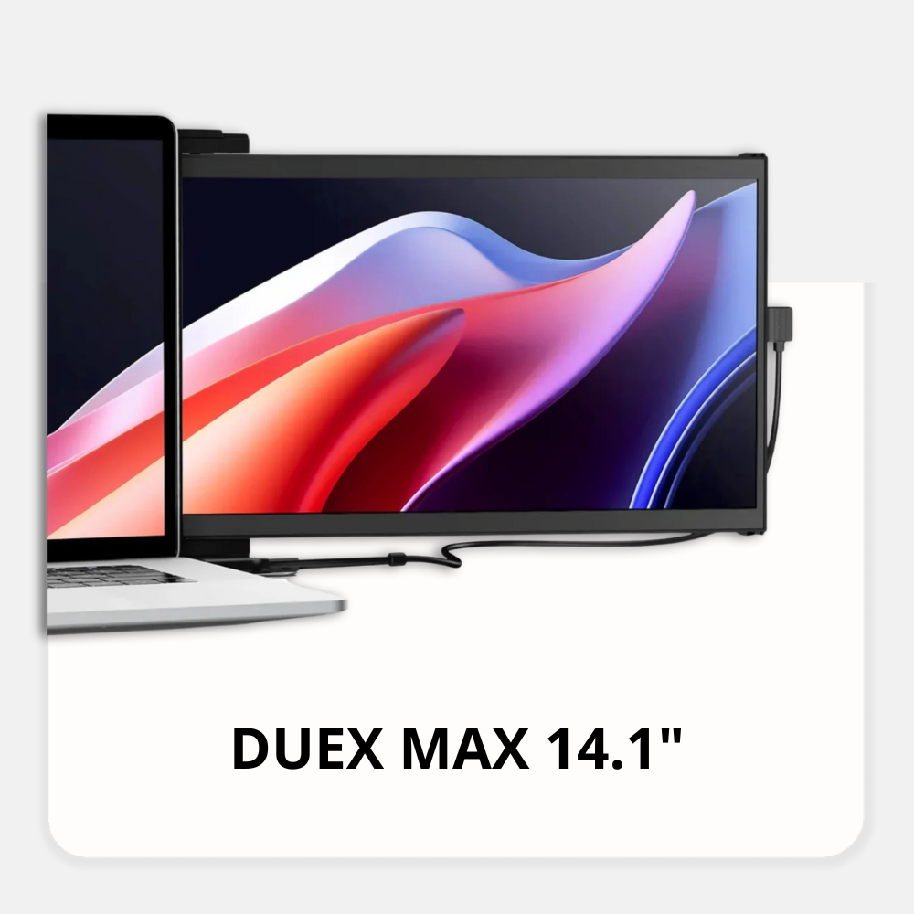 Monitor portátil Duex Max de Mobile Pixels acoplado a un notebook. Pantalla secundaria de 14.1 pulgadas deslizable, ultraligera (770 g), ideal para productividad, multitarea y trabajo remoto. Compatible con Windows, MacOS, Nintendo Switch y Samsung Dex.
