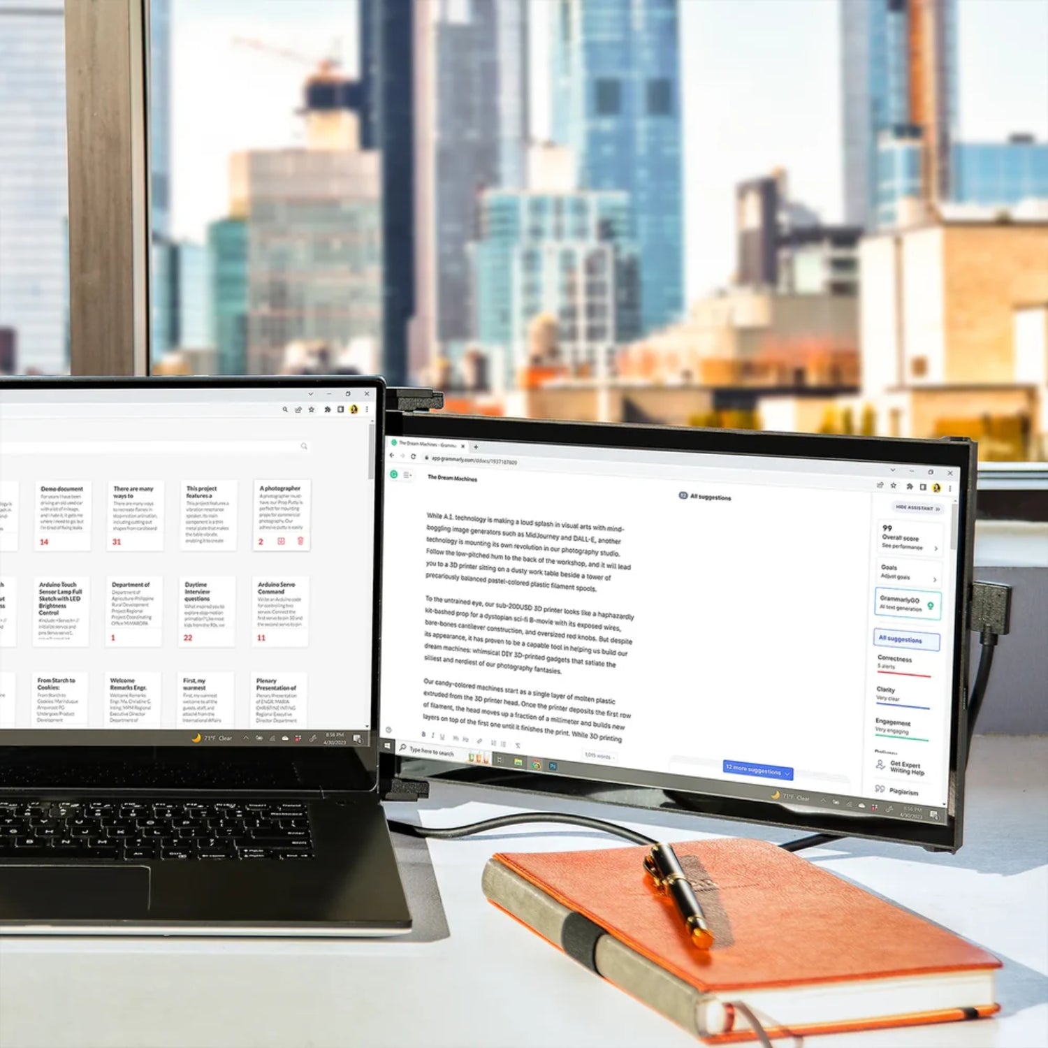Monitor portátil Mobile Pixels Duex Max en uso durante jornada laboral con múltiples tareas; pantalla extendida de alto rendimiento ideal para productividad intensiva, multitasking, análisis de datos y eficiencia profesional desde laptop.