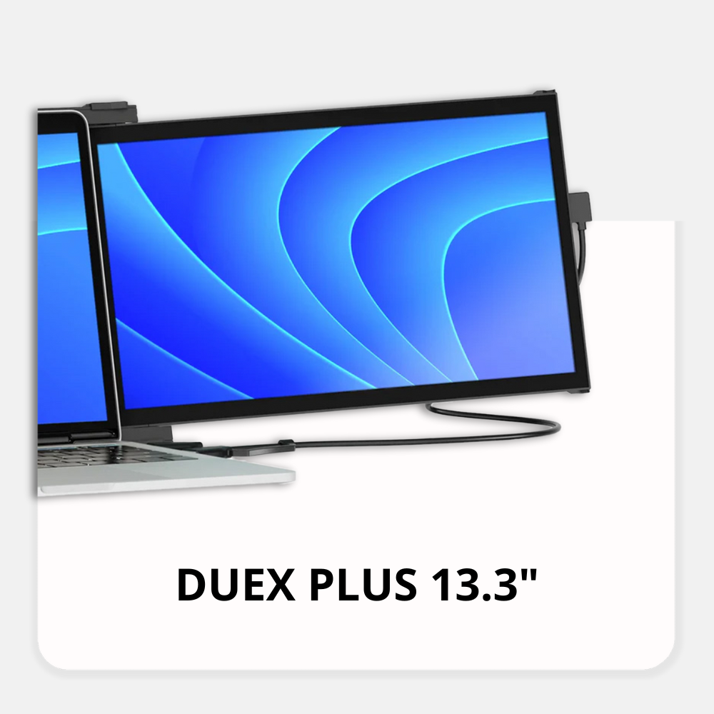 Monitor portátil Duex Plus de Mobile Pixels conectado a un notebook. Pantalla secundaria de 13.3 pulgadas, ultradelgada y liviana (590 gramos), ideal para aumentar productividad, realizar multitarea y trabajar desde cualquier lugar. Compatible con Windows, MacOS, Nintendo Switch y Samsung Dex.
