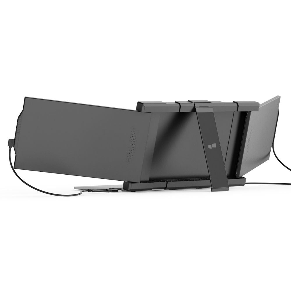 Vista trasera del monitor portátil Mobile Pixels Trio Max mostrando sus características físicas; diseño acoplable, estructura resistente, acabado premium y sistema de fijación magnética ideal para laptops.