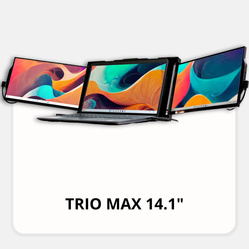 Monitor portátil Trio Max de Mobile Pixels con triple pantalla de 14.1 pulgadas acoplada a un notebook. Solución ideal para productividad extrema, multitarea profesional y configuración de trabajo en movimiento. Compatible con Windows, MacOS, Nintendo Switch y Samsung Dex.
