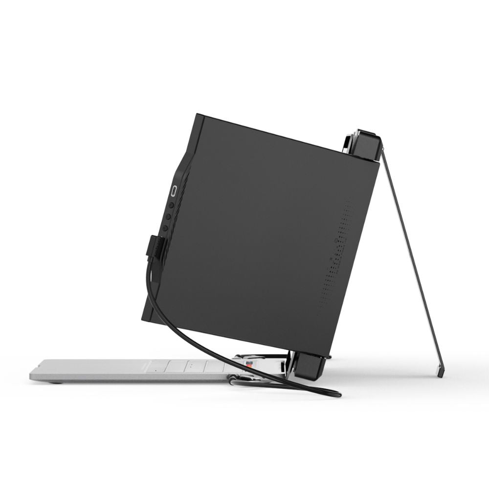 Vista lateral del monitor portátil Mobile Pixels Trio Max mostrando sus características físicas; diseño acoplable, estructura resistente, acabado premium y sistema de fijación magnética ideal para laptops.