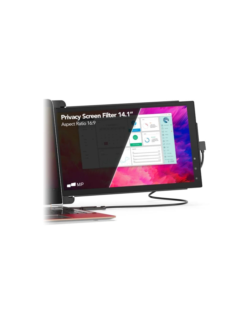 Filtro de privacidad de 6 capas de 14.1" pulgadas instalado en monitor portátil Mobile Pixels; accesorio antiespía que bloquea la visión lateral, protege la información confidencial y mejora la seguridad visual en entornos públicos o de trabajo remoto.
