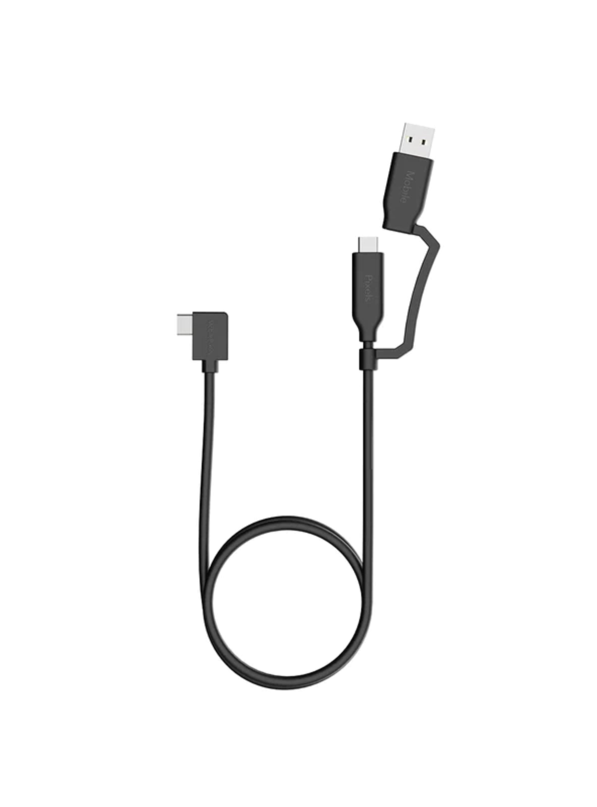 Imagen ampliada de los puertos y conexiones del cable de datos original para monitores portátiles Mobile Pixels; accesorio de conexión rápida y estable compatible con modelos Duex Plus, Duex Max y Trio Max, ideal para transmisión eficiente de video y energía entre monitor y laptop.