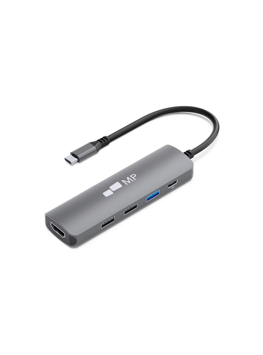 Adaptador 5 en 1 USB en vista lateral de Mobile Pixels con múltiples conectores; accesorio esencial para monitores portátiles, ideal para ampliar la conectividad y mejorar la productividad en laptops.