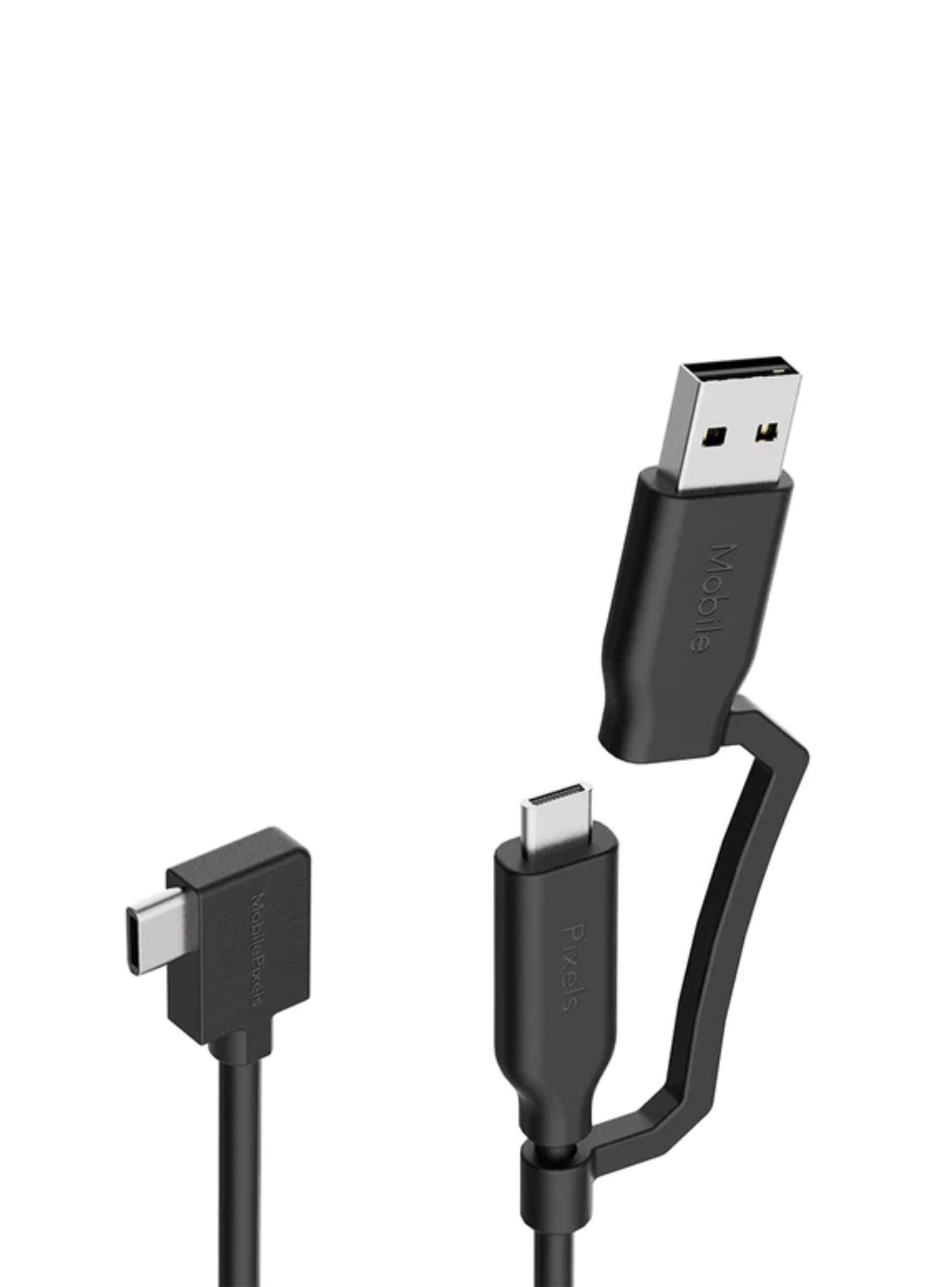 Imagen detallada de los puertos y conexiones del cable de datos original para monitores portátiles Mobile Pixels; accesorio de conexión rápida y estable compatible con modelos Duex Plus, Duex Max y Trio Max, ideal para transmisión eficiente de video y energía entre monitor y laptop.
