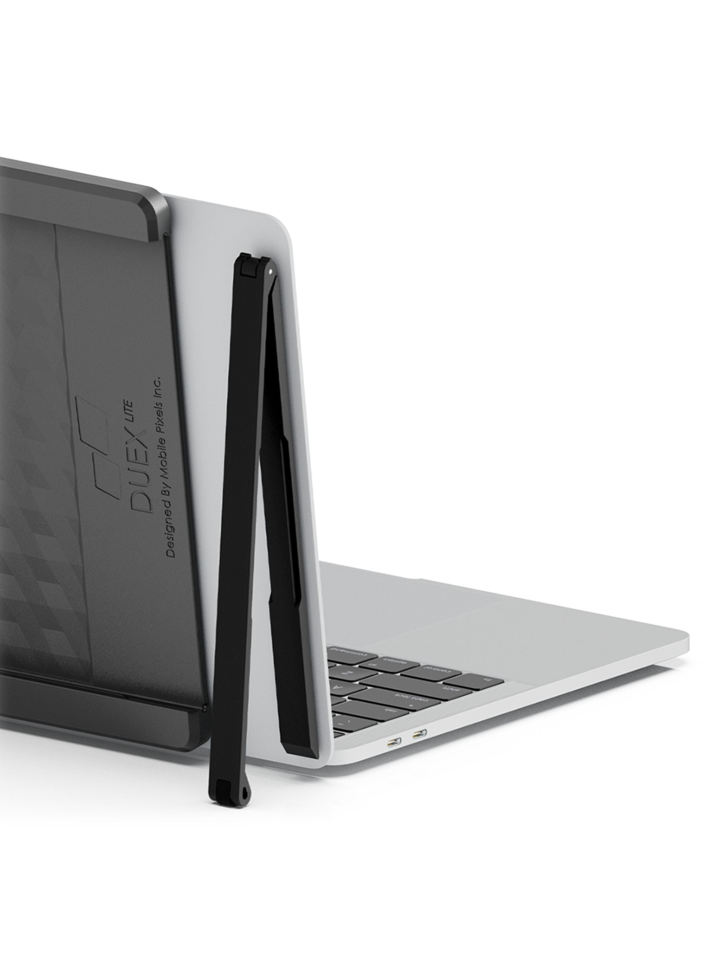 Accesorio soporte Levstand de Mobile Pixels en funcionamiento para notebook; accesorio opcional diseñado para brindar soporte adicional al usar un solo monitor portátil Duex Max, Duex Plus o Trio Max, ideal para mejorar la estabilidad y experiencia de uso.