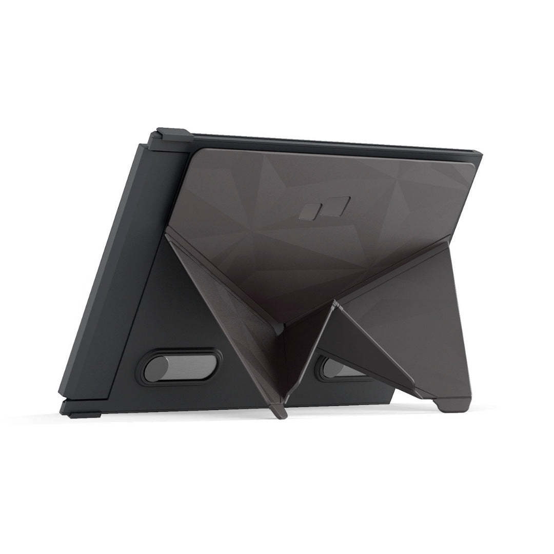 Vista trasera del Kickstand Origami original para monitores portátiles Mobile Pixels; soporte plegable y ajustable que permite utilizar el monitor de forma independiente sobre cualquier superficie, ideal para modelos Duex Plus, Duex Max y Trio Max.