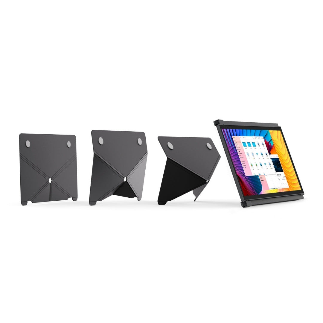 Guía de armado del Kickstand Origami original para monitores portátiles Mobile Pixels; soporte plegable y ajustable que permite utilizar el monitor de forma independiente sobre cualquier superficie, ideal para modelos Duex Plus, Duex Max y Trio Max.