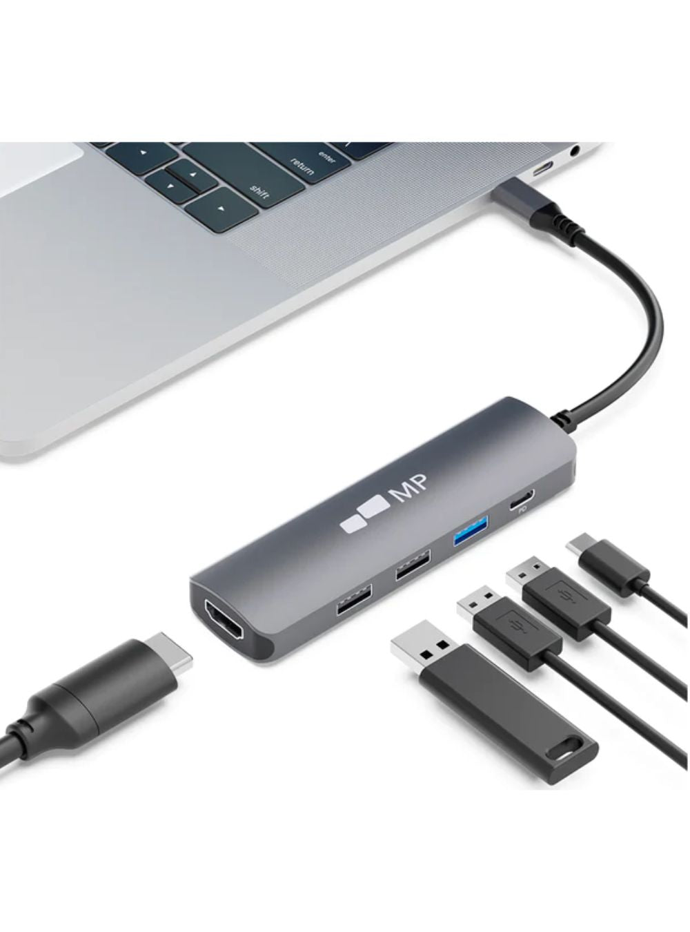Adaptador 5 en 1 USB de Mobile Pixels con múltiples conectores; accesorio esencial para monitores portátiles, ideal para ampliar la conectividad y mejorar la productividad en laptops.