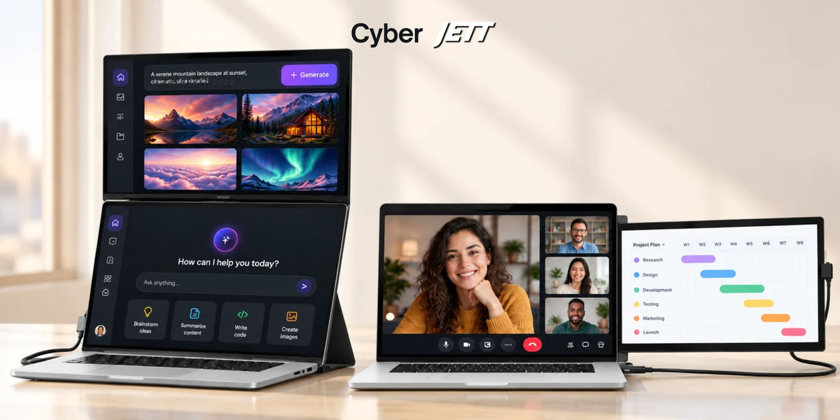 Cyber JETT 2026 con monitores portátiles Mobile Pixels Duex Float PRO y Duex Max