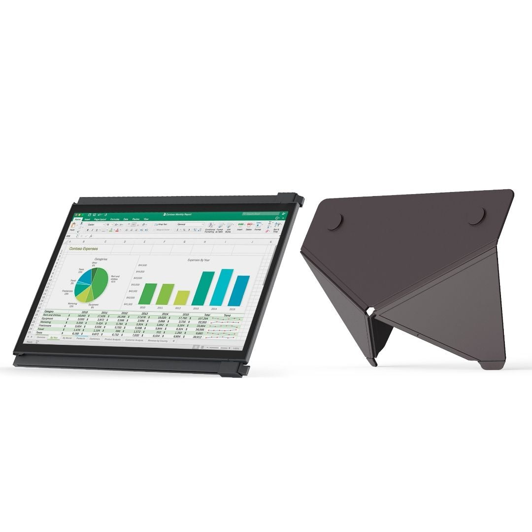 Monitor portátil Mobile Pixels Duex Plus utilizado con soporte Kickstand; accesorio ajustable que permite usar la pantalla de forma independiente sobre cualquier superficie, ideal para productividad flexible, presentaciones y multitareas.