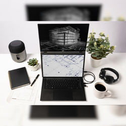 Estación de trabajo moderna con monitor portátil suspendido Mobile Pixels FLOAT; cliente usando pantalla flotante para ampliar su laptop y optimizar el espacio en escritorio con diseño limpio y profesional.