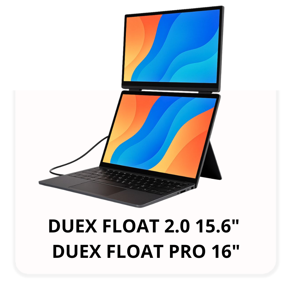 Monitores portátiles Duex Float 2.0 de 15.6 pulgadas y Duex Float Pro de 16 pulgadas de Mobile Pixels, instalados en configuración vertical sobre un notebook. Ideales para productividad avanzada, diseño gráfico, programación y multitarea. Compatibles con Windows, MacOS, Linux, Samsung DEX y Nintendo Switch.